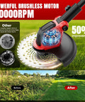 Cordless 6000mAh Weed Eater With 12 Inch Brushless Head Wheeled String Trimmer showcasing power and grass trimming results