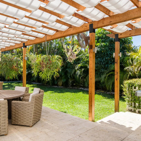 Outdoor pergola with wooden beams supported by heavy duty 4 pack rafter brackets kit 4x4 inches actual 3.6x3.6 built to last steel