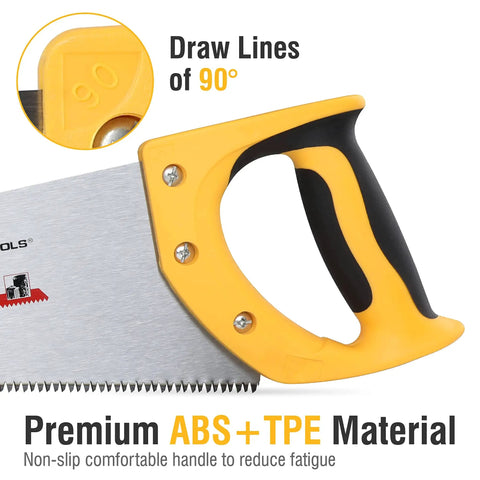 15 Inch Hand Saw With 7 TPI For Wood Cutting, Ergonomic No Slip Rubber Grip, close-up of handle and blade edge