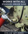 Locking Grease Gun Coupler That Stays On Tight For Zerk Fittings No Leaks Or Slip Off Easy Release Under Pressure Handles Up To Ten Thousand PSI One Eighth Inch NPT Fits All Grease Guns Steel Jaws Rebuild Kit Included installed on machinery