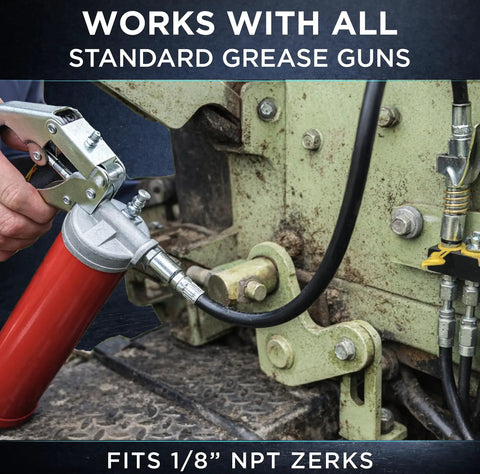 Locking Grease Gun Coupler That Stays On Tight For Zerk Fittings No Leaks Or Slip Off Easy Release Under Pressure Handles Up To Ten Thousand PSI One Eighth Inch NPT Fits All Grease Guns Steel Jaws Rebuild Kit Included installed on machinery