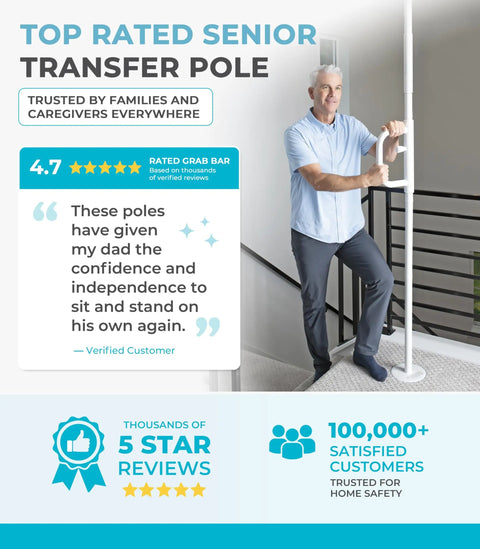 A man demonstrating the Tension Mounted Floor To Ceiling Transfer Pole With A Swivel Grab Bar And Rock Solid Grip For Bathroom Safety Senior Assist And No Sweat Daily Mobility Support In White.