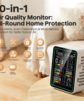 Indoor 10 In 1 Air Quality Monitor For Home Detecting CO2 And Formaldehyde Plus TVOC PM25 And PM10 with digital display on a table.