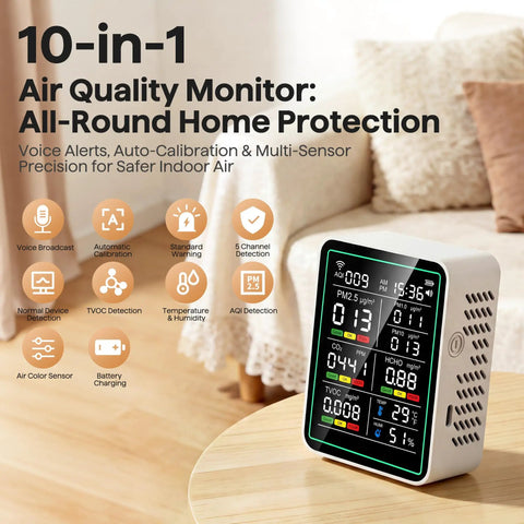 Indoor 10 In 1 Air Quality Monitor For Home Detecting CO2 And Formaldehyde Plus TVOC PM25 And PM10 with digital display on a table.
