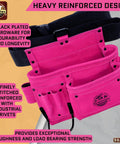 Pink Suede Leather 5 Pocket Tool Belt Bag For Women And Men, multipurpose construction and DIY pouch, black hardware.