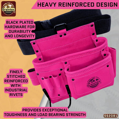 Pink Suede Leather 5 Pocket Tool Belt Bag For Women And Men, multipurpose construction and DIY pouch, black hardware.