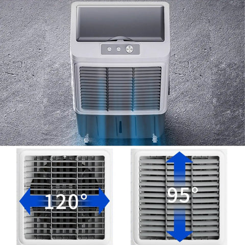 Heavy Duty Portable Swamp Cooler With 13.2 Gallon Water Tank And Six Frozen Ice Packs, top view with fan controls.