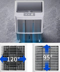 Portable Evaporative Cooler With 13.2 Gallon Tank And 120 Degree Oscillating Fan, front view and detailed oscillation settings.