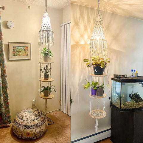 Boho Bedroom Pendant Light With Plug In Cord And Switch Macrame Lampshade And Hanging Planter Holder Space Saving Hanging Shelf Lighting