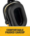 Dielectric Cap Mount Earmuff With Adjustable Extendable Arms Foldable For Comfort NRR 25 Yellow Earcups With Black Accents Safe For Electrical Jobs And Industrial Use close-up of padded earcup