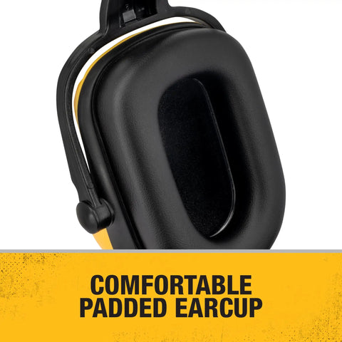 Dielectric Cap Mount Earmuff With Adjustable Extendable Arms Foldable For Comfort NRR 25 Yellow Earcups With Black Accents Safe For Electrical Jobs And Industrial Use close-up of padded earcup