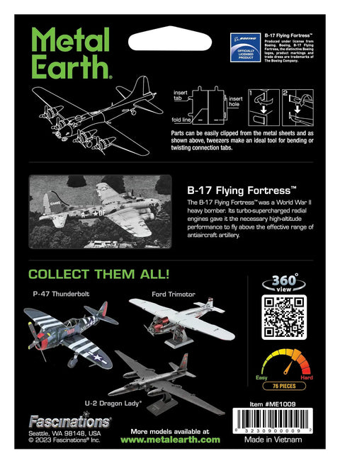 Back of B 17 Flying Fortress 3D Metal Model Kit For Teens And Hobbyists No Glue Needed Easy Clip Panels packaging