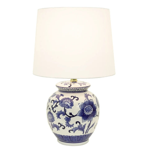 Blue And White Floral Ceramic Table Lamp With White Cotton Shade Small Size On Off Switch 60W Max Bulb For Bedroom Nightstand Or Living Room Decor Accent Lighting For Cozy Nighttime Ambiance.