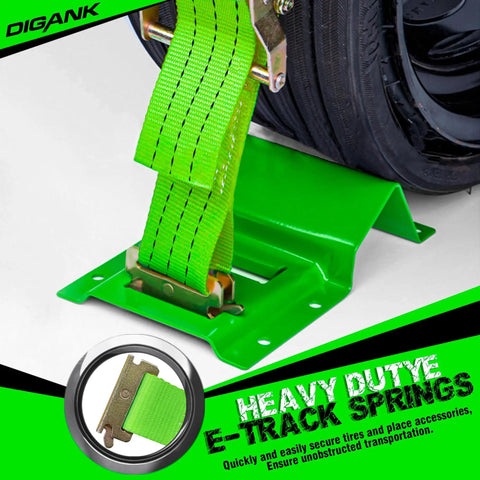 Heavy Duty Wheel Chock Tie Down Kit With 2 Inch By 15 Foot Ratchet Straps securing tire on trailer