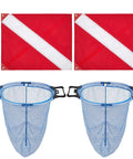 Two Pack Lobster Clam Mesh Dive Bags With Dive Flags 20 By 24 Inches Catch Bags and rods, blue mesh bags, red flags