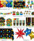 Nail The Party Vibe With This 310 Piece Building Block Birthday Decorations Kit serving twenty five guests including balloons, backdrop, centerpieces and cake toppers.