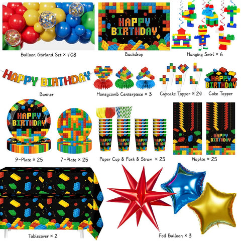 Nail The Party Vibe With This 310 Piece Building Block Birthday Decorations Kit serving twenty five guests including balloons, backdrop, centerpieces and cake toppers.