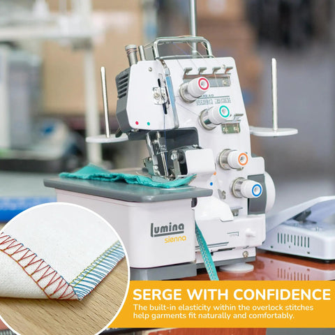 Workhorse Serger Sewing Machine With 3 And 4 Thread Capability and metal frame, shown serging heavy fabric with color-coded dials