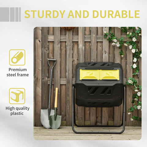 Dual Chamber Tumbling Compost Bin For Outdoors With 360 Degree Rotation 43 Gallon Capacity Yellow Backyard Composting Made Easy