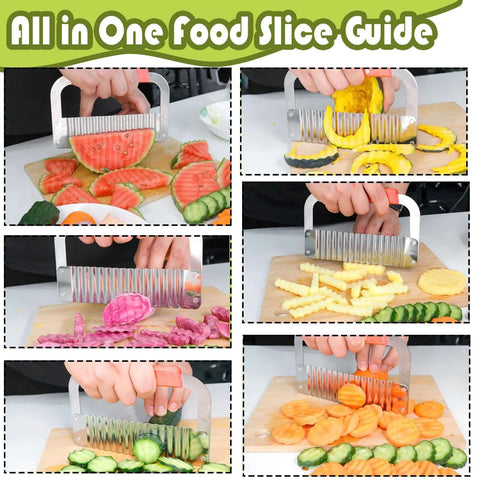 FANTEXY extra-large crinkle cutter with wooden handle slicing watermelon, potatoes, cucumbers on cutting board