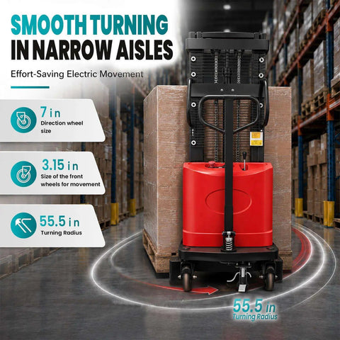 Heavy Duty 3300 Lbs Semi Electric Pallet Stacker And Narrow Pallet Jack For Tight Aisles with 55.5 in turning radius and smooth control.