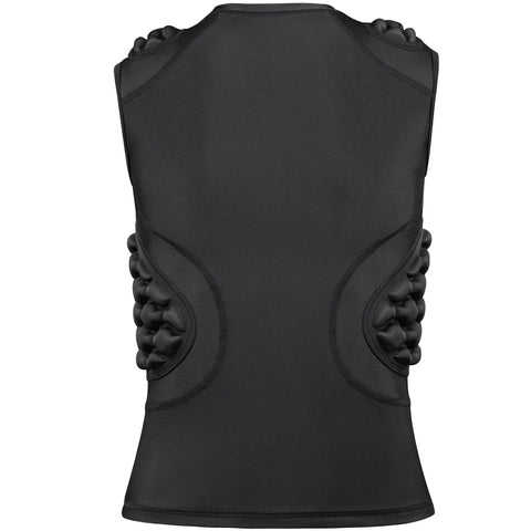 Back view of black youth padded compression shirt with chest guard for football basketball lacrosse, machine washable