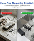 Adjustable Sink Bridge Whetstone Holder For Kitchen Sink Heavy Duty 304 Stainless Steel Base With Non Slip Rubber Feet And Silicone Pads Rust Proof Design Extends To About Eleven And Five Eighths Inches showing mess-free sharpening over sink.