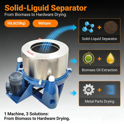 Industrial Centrifugal Dehydrator Beast For 55 Pound Solid Liquid Separator Biomass Oil Extraction And Textile Hardware Drying Stainless Steel 960 RPM 220V Three Phase, showing solid-liquid separator and multi-use features