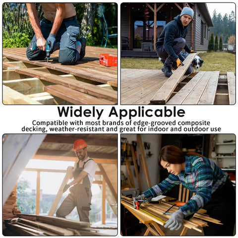 Four people working on composite decking with Starter Deck Clips Set For Composite Decking Hidden Fasteners Trex Z Clips