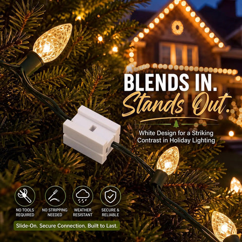 Badass 50 Pack Of Spt-1 Vampire Plugs For Christmas Light Wire Connectors And Diy Splice Cords Indoors Or Outdoors Powers Up String Lights With Zero Hassle In Bright White on tree with lights.