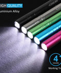 Close-up of colorful 15-Pack LED Penlight Set With Clip, Ultra Handy Pocket Light For Quick Inspections and Repairs, emitting beam of light.