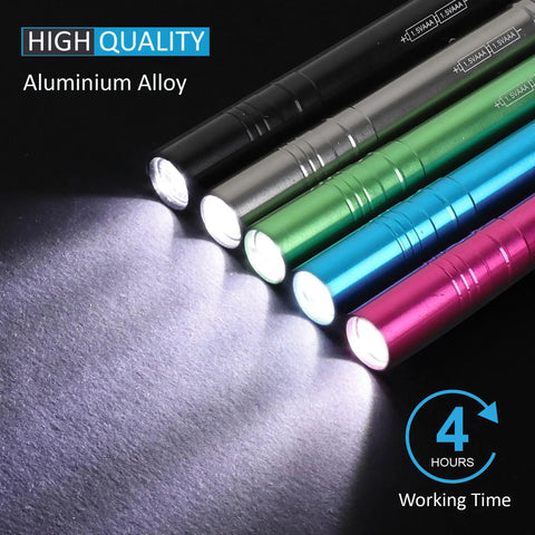Close-up of colorful 15-Pack LED Penlight Set With Clip, Ultra Handy Pocket Light For Quick Inspections and Repairs, emitting beam of light.