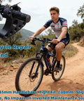 Cyclist with Plug-And-Play Handlebar Mounted Bike Repair Stands Pair, on rugged path, no interference, 25kg load, for 30-35mm handlebars.