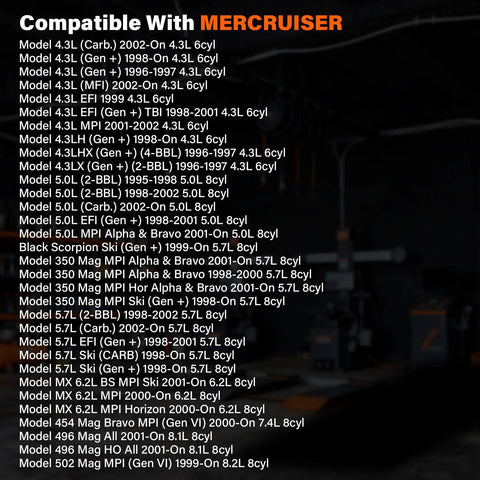 Compatibility chart for New PMGR Starter Motor SAEJ1171 Replacement For Mercury Marine And Volvo Penta V6 and V8