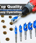 Six Piece Wood Auger Drill Bit Set For Woodworking And DIY, Sizes 1/2 In to 1-1/8 In, 4 Inch Long Bits next to drilled holes