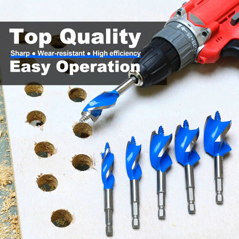 Six Piece Wood Auger Drill Bit Set For Woodworking And DIY, Sizes 1/2 In to 1-1/8 In, 4 Inch Long Bits next to drilled holes