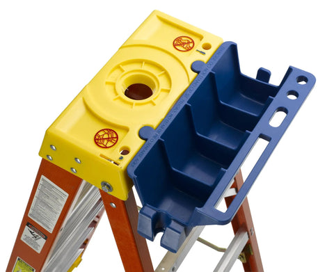 Top view of Blue Ladder Accessory Kit with open storage channel and utility hooks, compatible with 6000 6100 6200 6300 Series ladders.