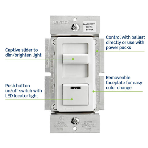IllumaTech 0-10V LED Dimmer Switch For Commercial Lighting With LED Locator Light IP710-DLZ White Faceplate With Ivory And Light Almond Trim 120/277V 50mA Max Sink Plays Nice With Mark 7 Ballasts