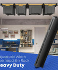 Overhead Garage Storage Rack System For Ceiling Mounted Storage, Heavy Duty Ceiling Rails For 27 Gallon Totes, shown in garage
