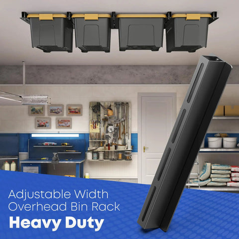 Overhead Garage Storage Rack System For Ceiling Mounted Storage, Heavy Duty Ceiling Rails For 27 Gallon Totes, shown in garage