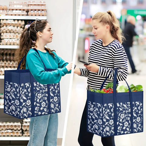 Foldable Reusable Grocery Bags Four Pack With Reinforced Handles And Waterproof Coating Heavy Duty Tote Bags in use
