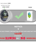 Diagram showing 100W 110V to 220V step up voltage converter with a checkmark, appliance power warning, and fuse notice.