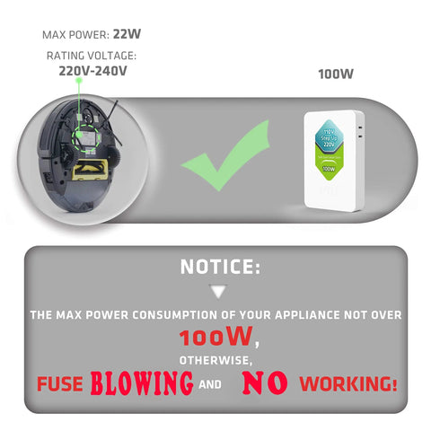 Diagram showing 100W 110V to 220V step up voltage converter with a checkmark, appliance power warning, and fuse notice.