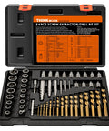 Broken Bolt Extractor Kit With 54 Pieces Easy Out Set For Damaged Bolts Rusted Frozen Rounded Off Nuts Screws Left Hand Drill Bits And Lug Nut Removal Tools For Tight Spaces ThinkWork in open case showing tools and drill bits.