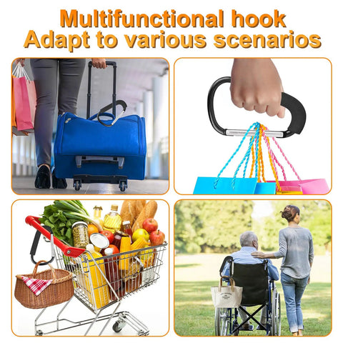 Two Pack Stroller Hooks With 6.3 Inch Large Carabiner Clips used for carrying shopping bags and attaching to strollers