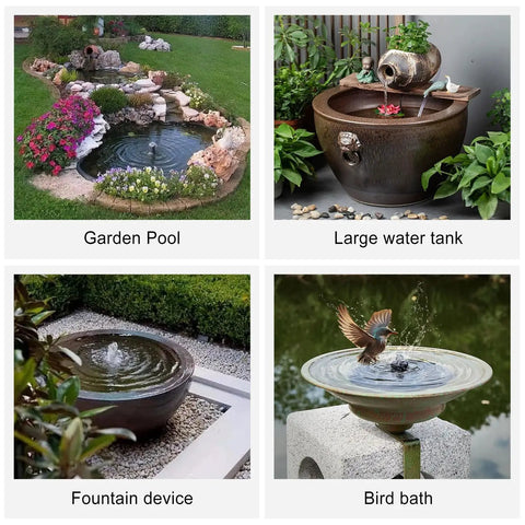 Collage of garden water features including garden pool, large water tank, fountain device, and bird bath.