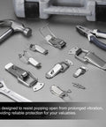 4 Pack Stainless Steel Spring Loaded Toggle Latches with screws, shown with tools, for cabinets, tool boxes, doors, and cases.