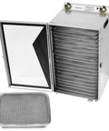 Heavy Duty Commercial Food Dehydrator Featuring 18 Slick Stainless Steel Trays Plus Adjustable 24 Hour Timer with open door.