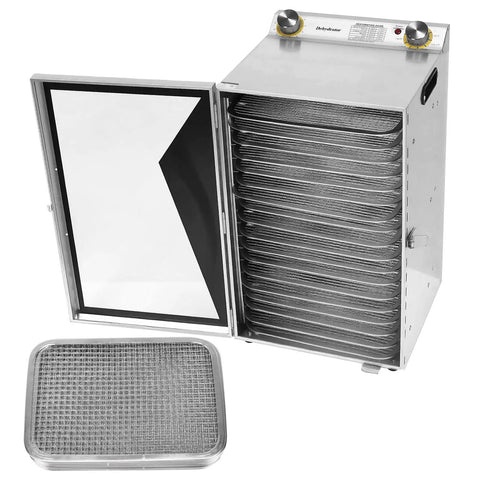 Heavy Duty Commercial Food Dehydrator Featuring 18 Slick Stainless Steel Trays Plus Adjustable 24 Hour Timer with open door.