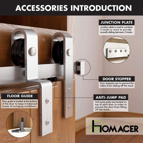 Close-up of Mini Brushed Nickel Single Track Bypass Sliding Barn Door Hardware Kit components on a wooden door.